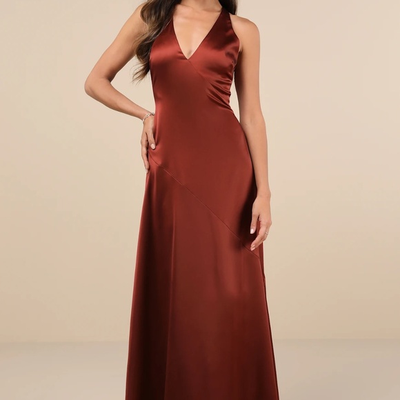 Lulus Purely Elegant Rust Brown Satin Twist-back Maxi Dress - Size XL - Picture 2 of 3